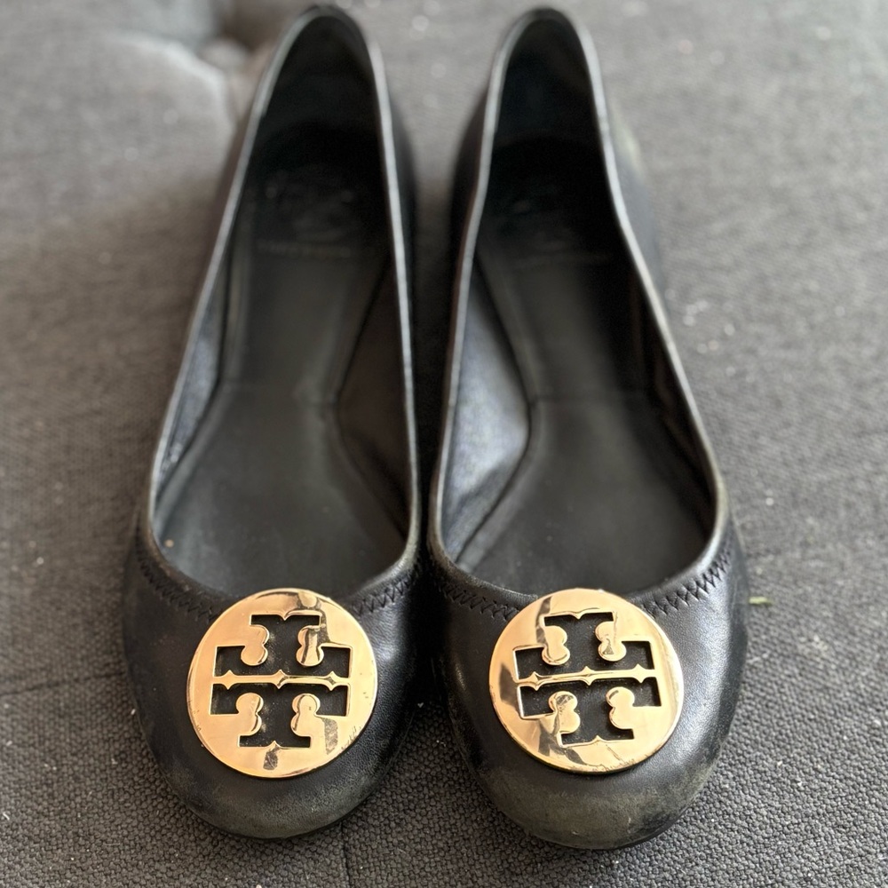 Tory Burch Black Leather Logo Cap-Toe Flats with Gold Emblem